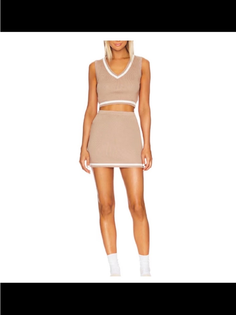 superdown Brown Knit Two-Piece Mini Skirt Set with Cream Trim